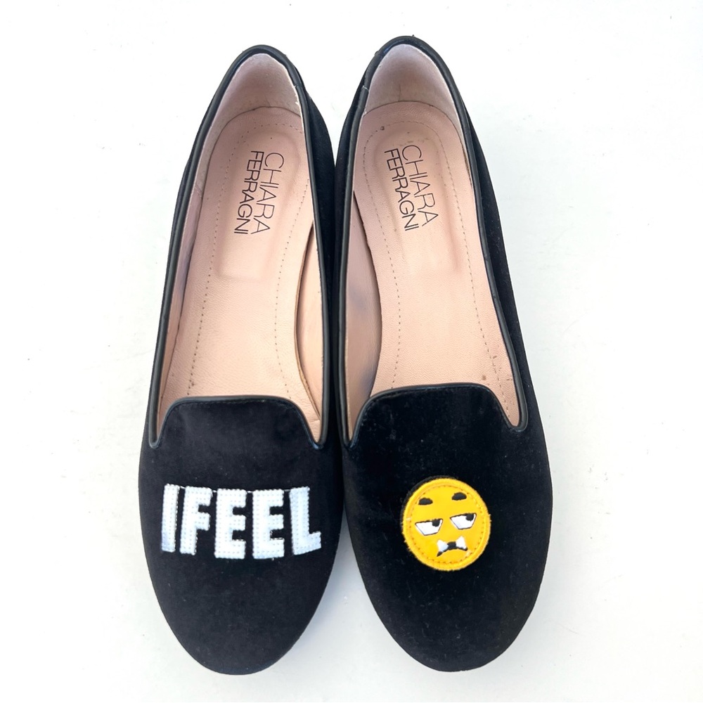 CHIARA FERRAGNI Italy Black Velvet “I FEEL FLAT” Stitched Slip On Loafers Sz 40
